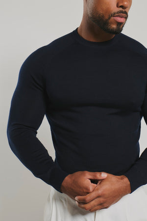 Extra Fine Merino Wool Crew Neck Sweater in Navy