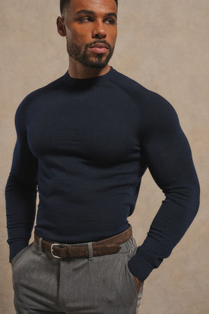 Extra Fine Merino Wool Crew Neck Sweater in Navy
