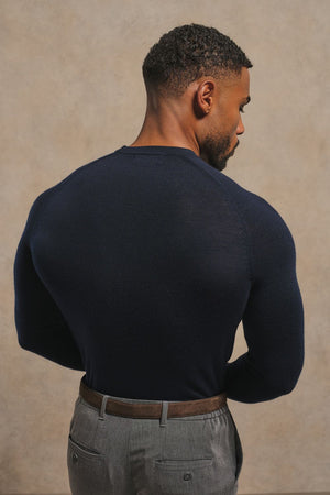 Extra Fine Merino Wool Crew Neck Sweater in Navy
