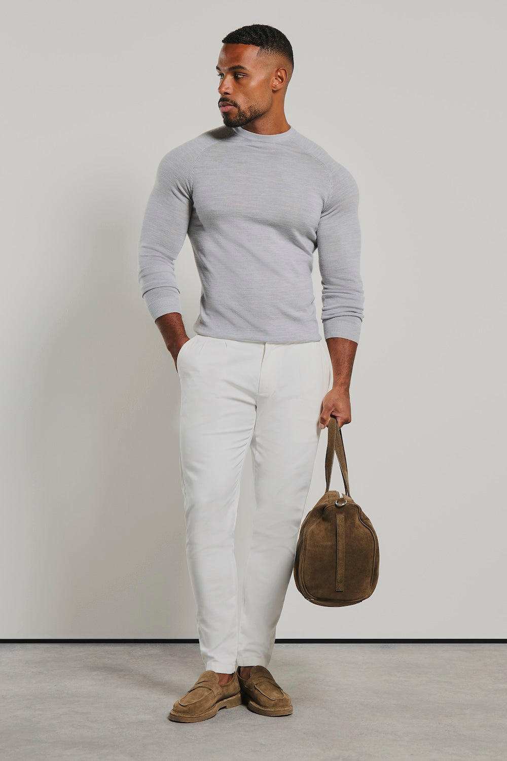 Extra Fine Merino Wool Crew Neck Sweater in Silver Grey Marl