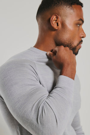 Extra Fine Merino Wool Crew Neck Sweater in Silver Grey Marl