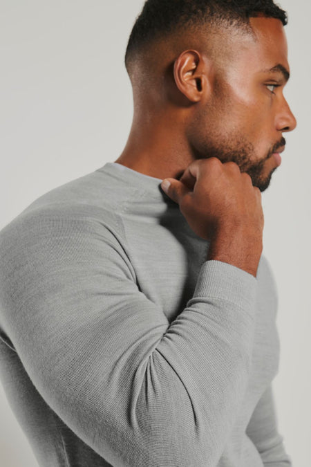 Extra Fine Merino Wool Crew Neck Sweater in Silver Grey Marl