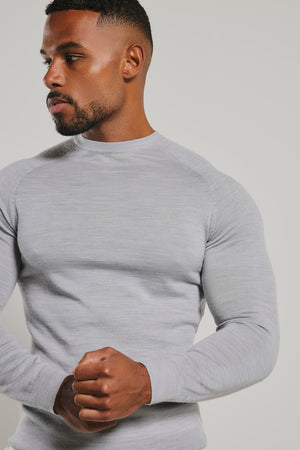 Extra Fine Merino Wool Crew Neck Sweater in Silver Grey Marl