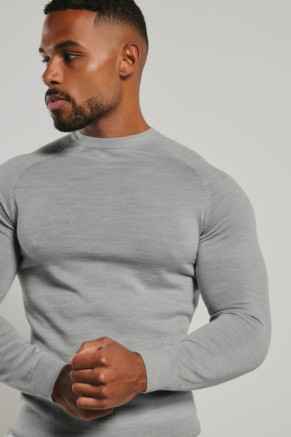 Extra Fine Merino Wool Crew Neck Sweater in Silver Grey Marl