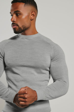 Extra Fine Merino Wool Crew Neck Sweater in Silver Grey Marl