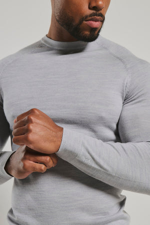 Extra Fine Merino Wool Crew Neck Sweater in Silver Grey Marl