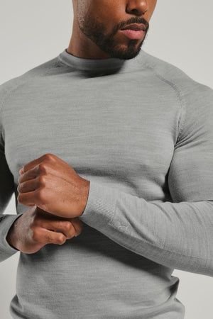 Extra Fine Merino Wool Crew Neck Sweater in Silver Grey Marl