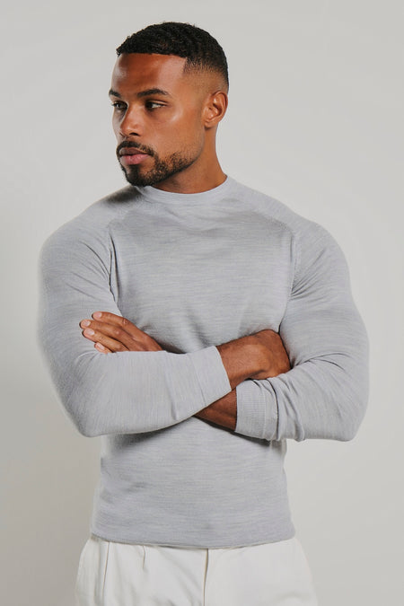 Extra Fine Merino Wool Crew Neck Sweater in Silver Grey Marl