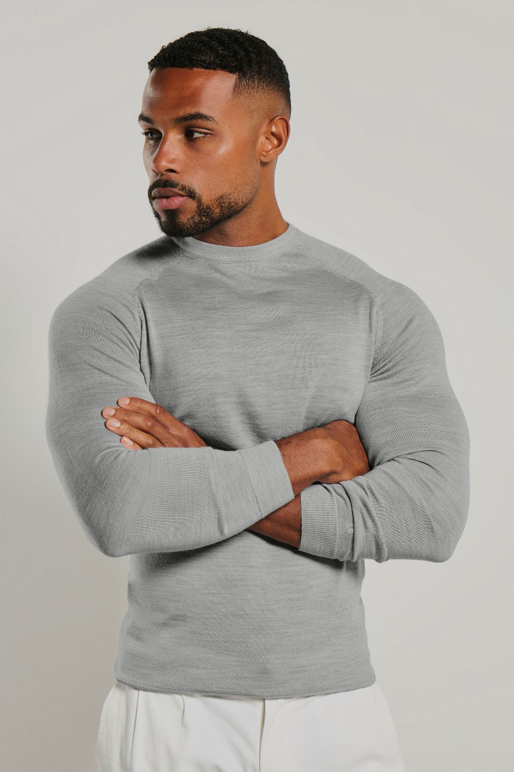 Extra Fine Merino Wool Crew Neck Sweater in Silver Grey Marl
