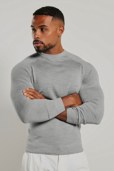 Extra Fine Merino Wool Crew Neck Sweater in Silver Grey Marl