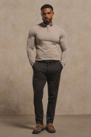 Extra Fine Merino Wool Half Zip Neck Sweater in Neutral Marl