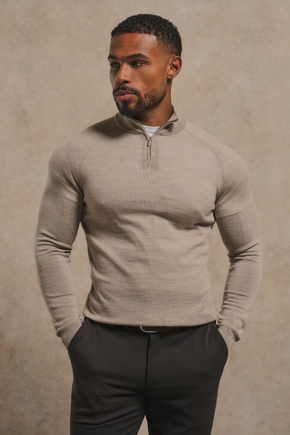 Extra Fine Merino Wool Half Zip Neck Sweater in Neutral Marl