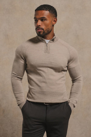 Extra Fine Merino Wool Half Zip Neck Sweater in Neutral Marl