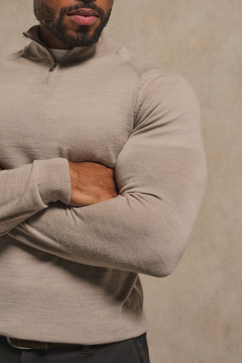 Extra Fine Merino Wool Half Zip Neck Sweater in Neutral Marl