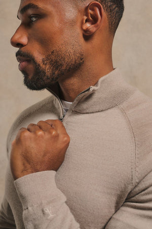 Extra Fine Merino Wool Half Zip Neck Sweater in Neutral Marl