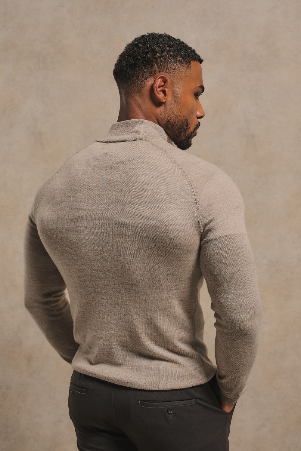 Extra Fine Merino Wool Half Zip Neck Sweater in Neutral Marl