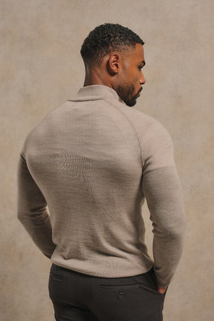 Extra Fine Merino Wool Half Zip Neck Sweater in Neutral Marl