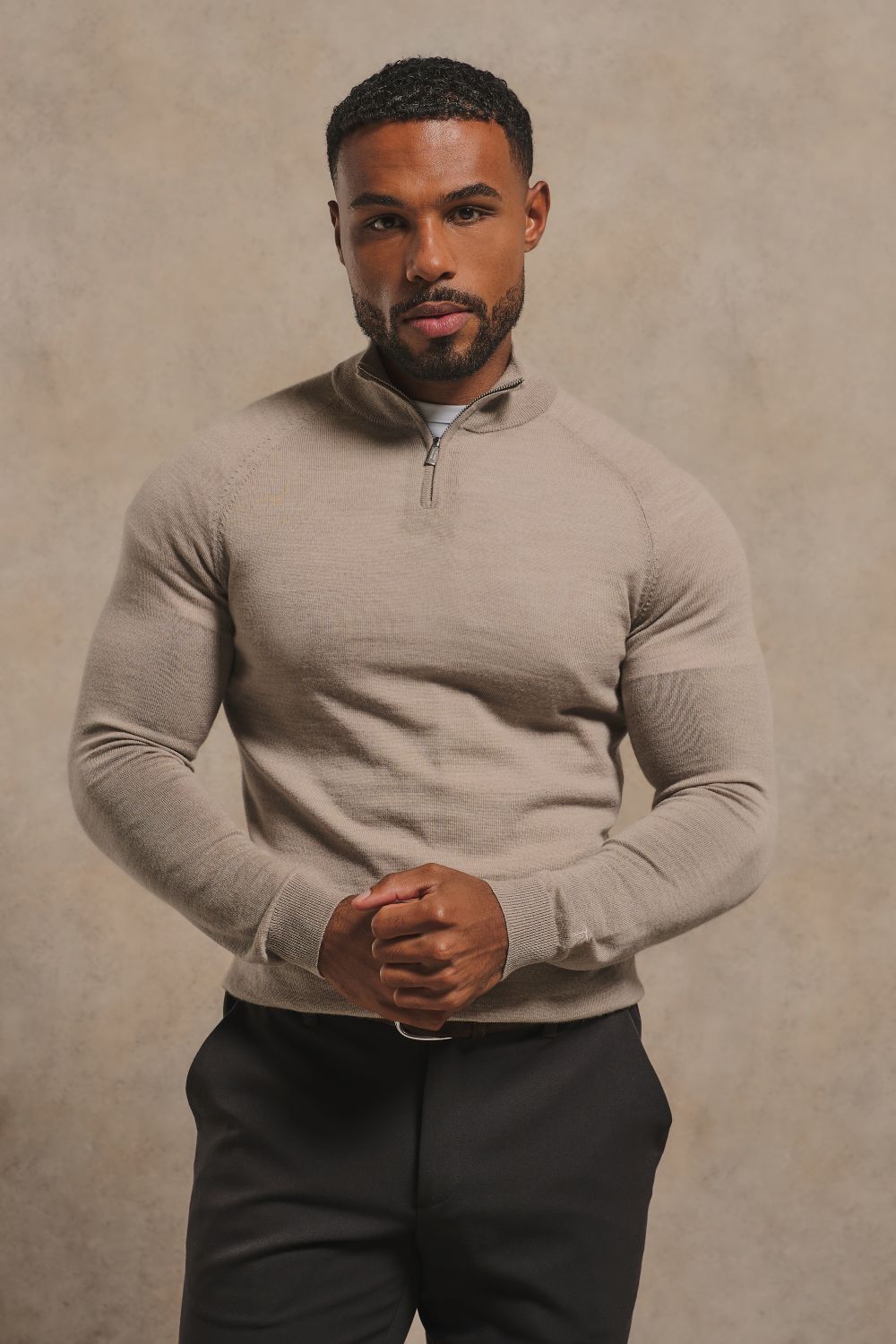 Extra Fine Merino Wool Half Zip Neck Sweater in Neutral Marl