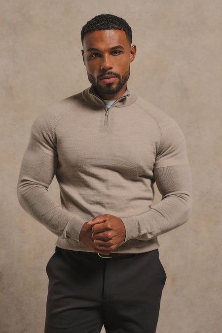 Extra Fine Merino Wool Half Zip Neck Sweater in Neutral Marl