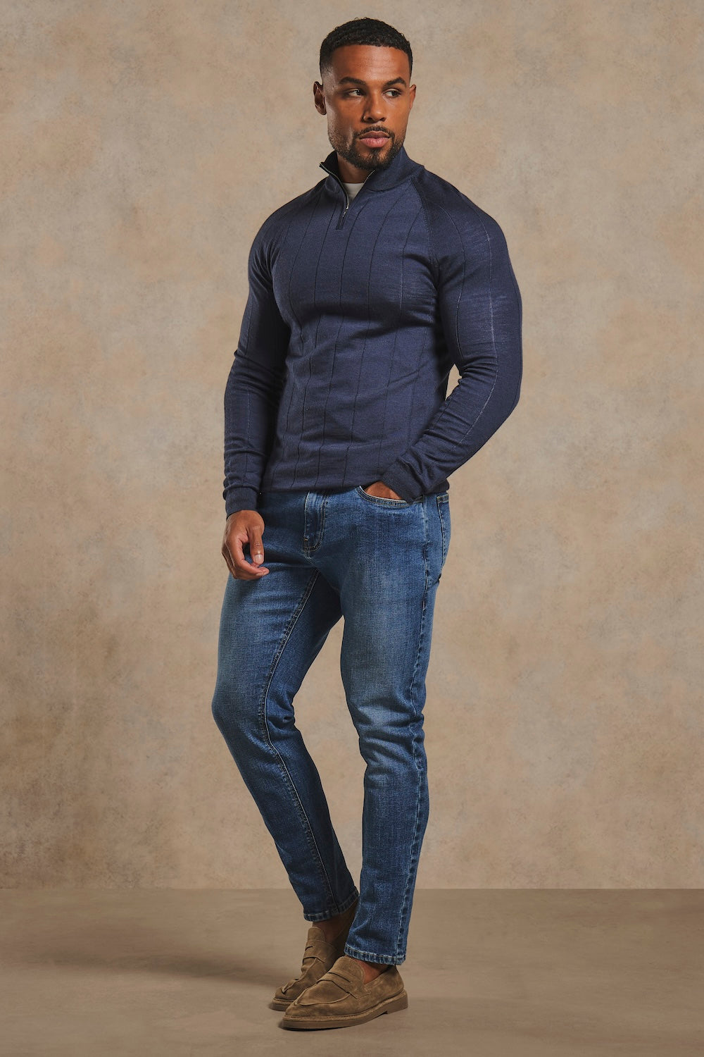 Extra Fine Merino Wool Ribbed Half Zip Neck Sweater in Midnight Navy