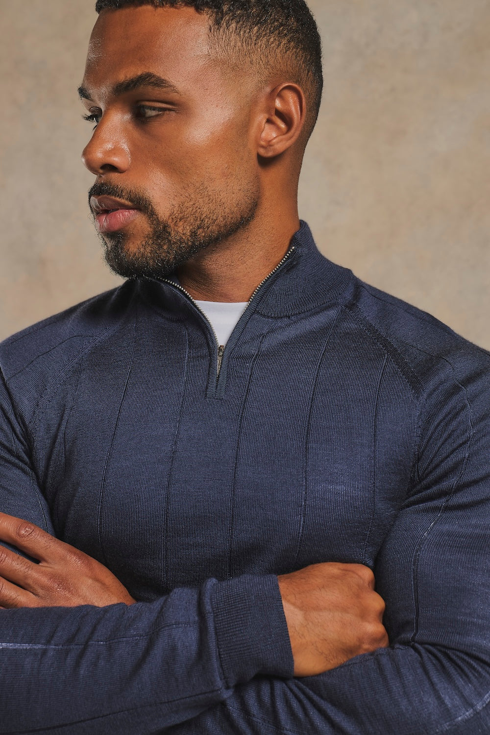 Extra Fine Merino Wool Ribbed Half Zip Neck Sweater in Midnight Navy
