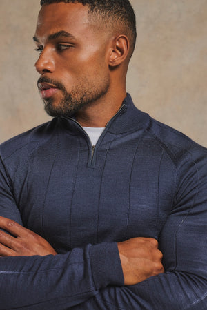 Extra Fine Merino Wool Ribbed Half Zip Neck Sweater in Midnight Navy