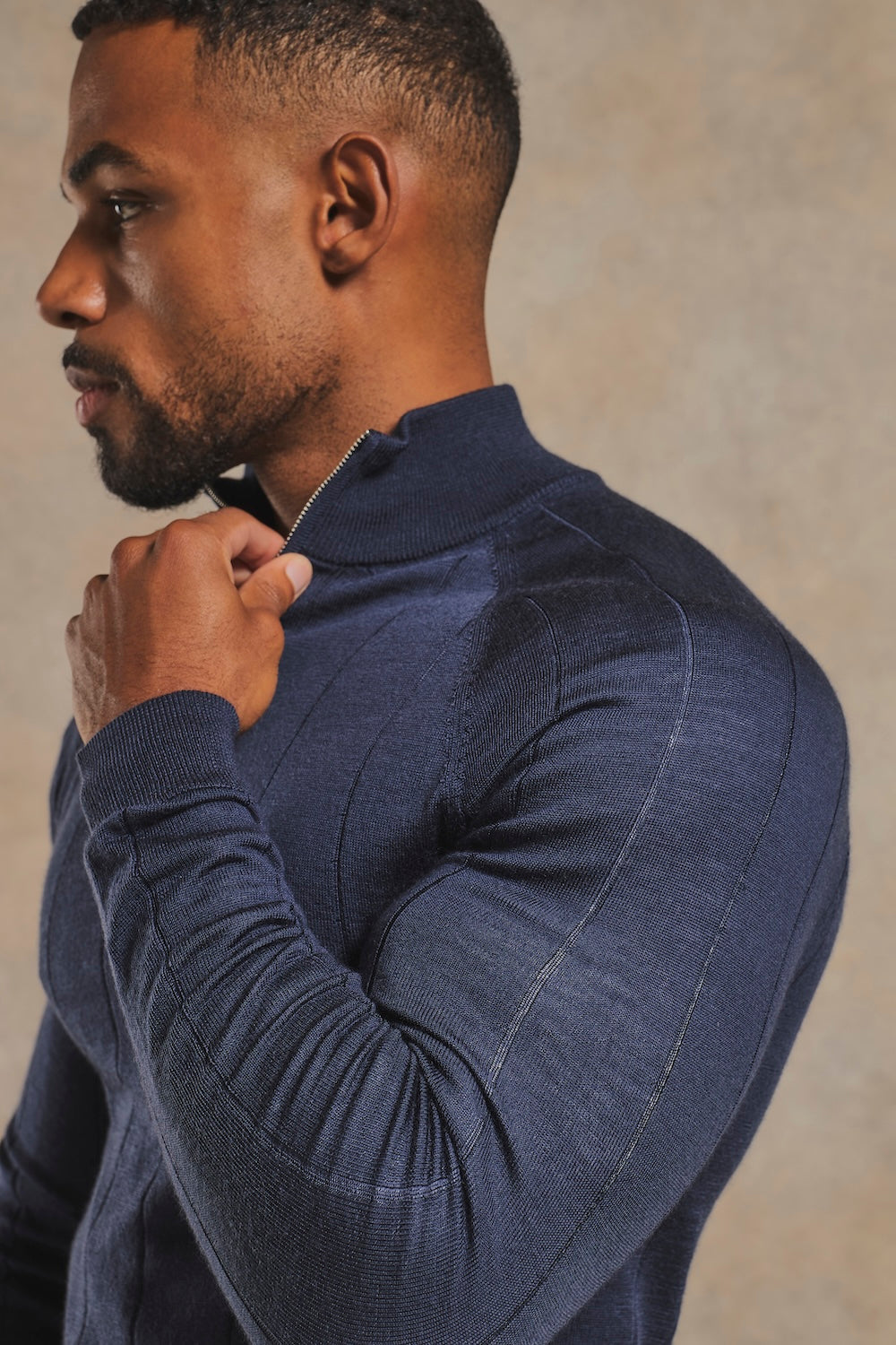 Extra Fine Merino Wool Ribbed Half Zip Neck Sweater in Midnight Navy
