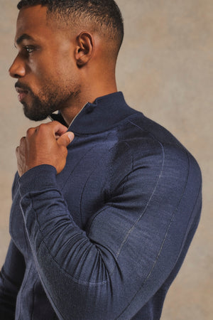 Extra Fine Merino Wool Ribbed Half Zip Neck Sweater in Midnight Navy