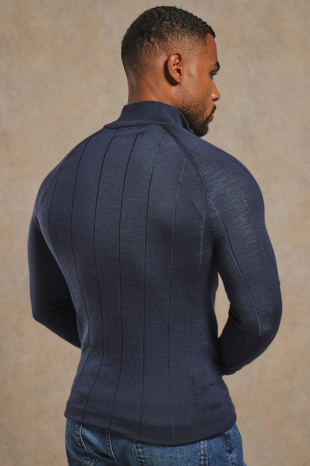 Extra Fine Merino Wool Ribbed Half Zip Neck Sweater in Midnight Navy