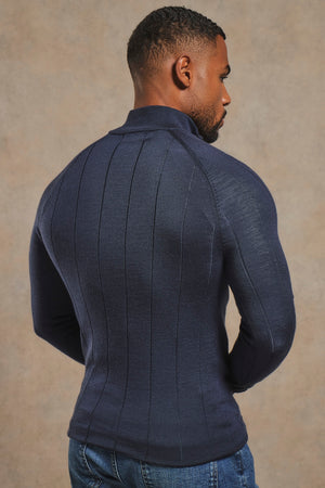 Extra Fine Merino Wool Ribbed Half Zip Neck Sweater in Midnight Navy