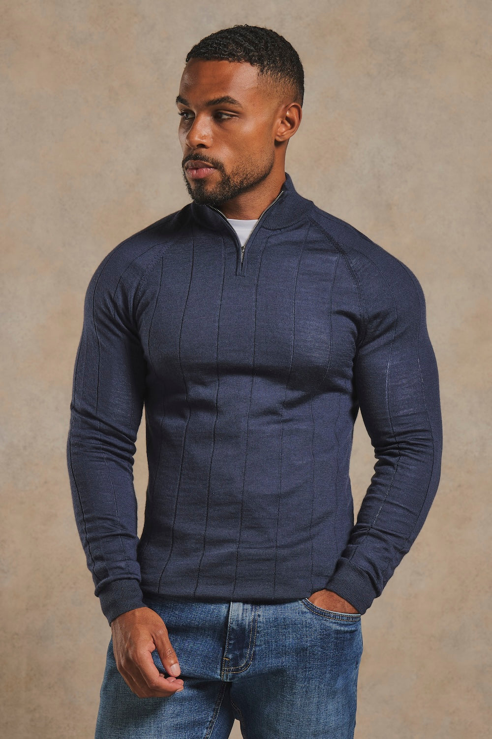 Extra Fine Merino Wool Ribbed Half Zip Neck Sweater in Midnight Navy