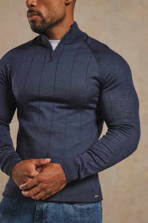 Extra Fine Merino Wool Ribbed Half Zip Neck Sweater in Midnight Navy