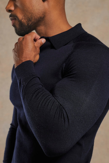 Extra Fine Merino Wool Polo Shirt in Navy