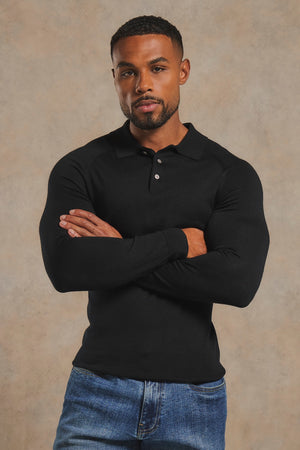 Extra Fine Merino Wool Polo Shirt in Black