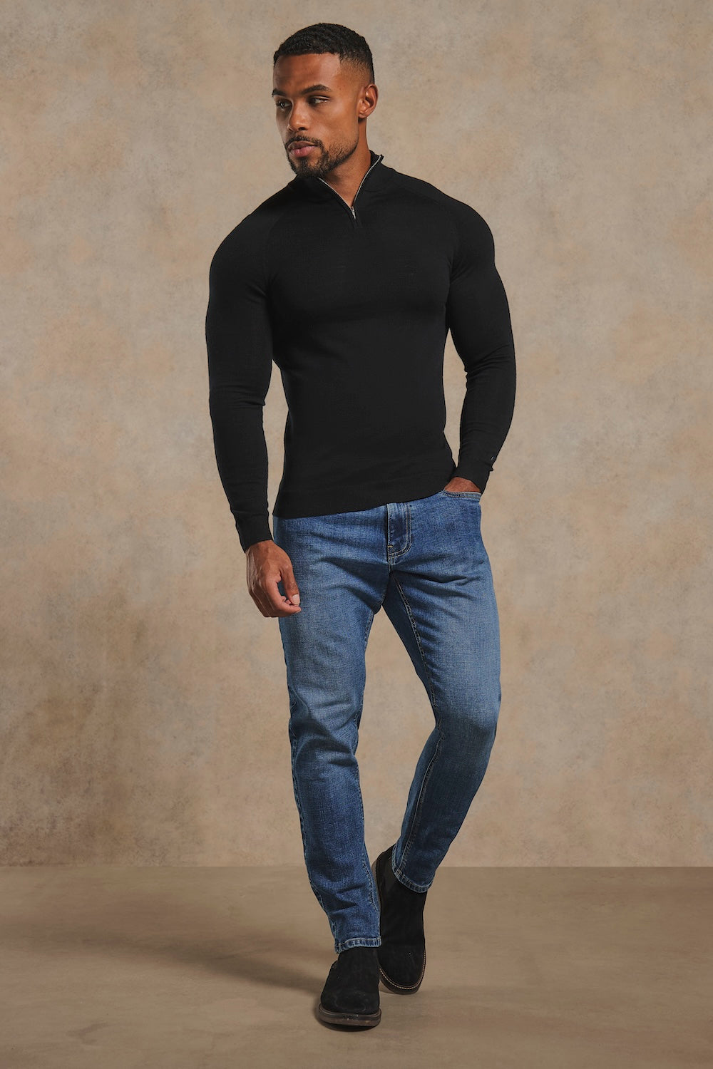 Extra Fine Merino Wool Half Zip Neck Sweater in Black
