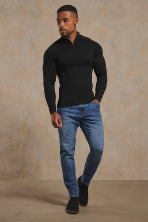 Extra Fine Merino Wool Half Zip Neck Sweater in Black