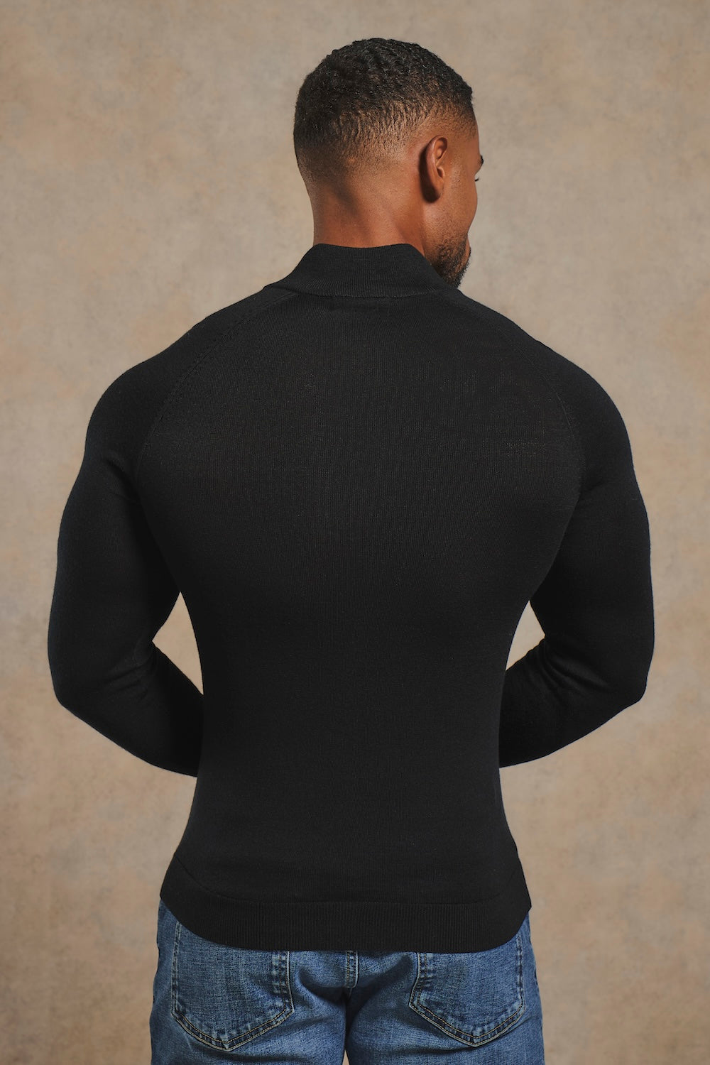 Extra Fine Merino Wool Half Zip Neck Sweater in Black