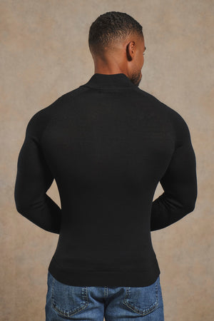 Extra Fine Merino Wool Half Zip Neck Sweater in Black