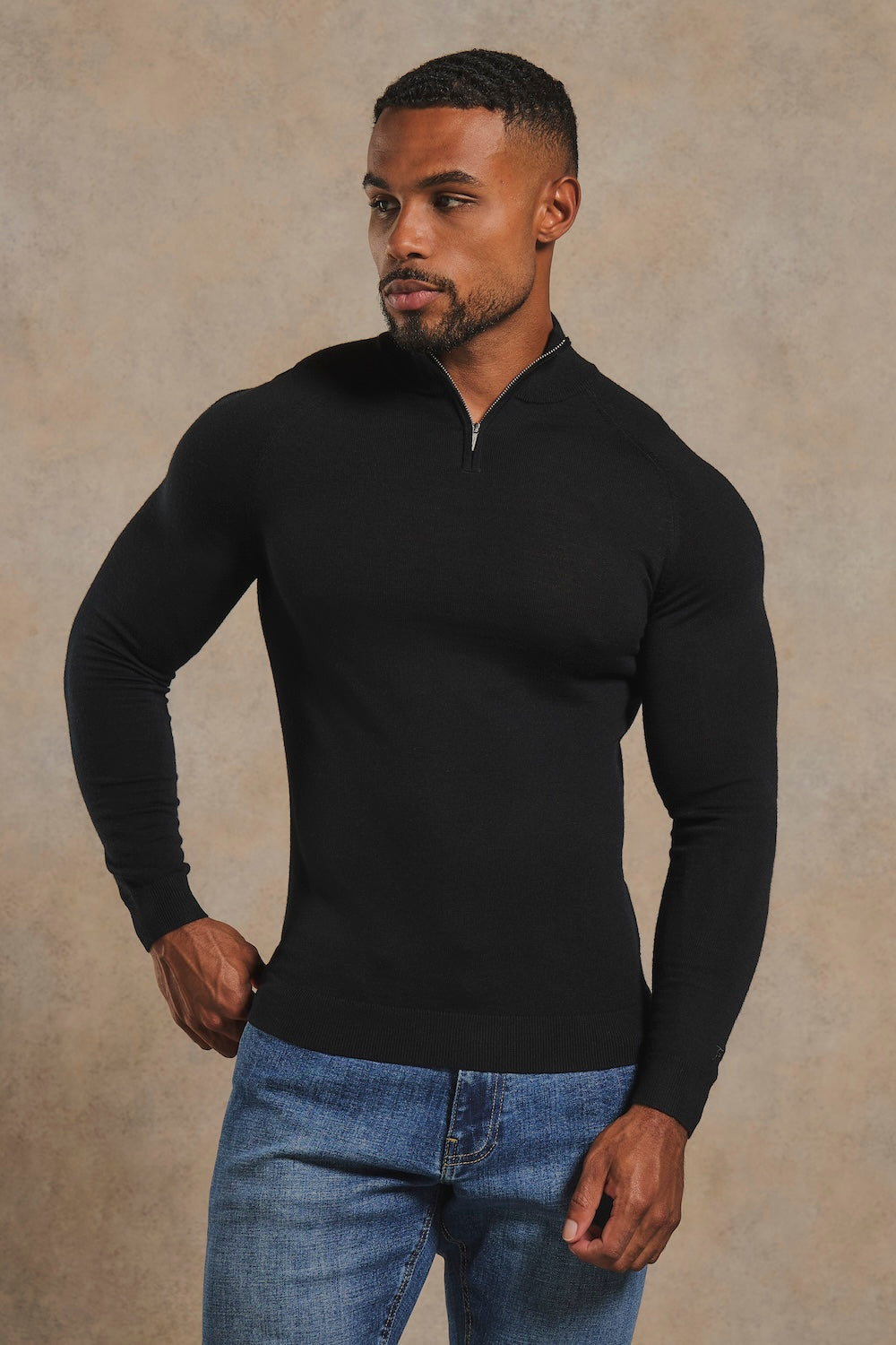 Extra Fine Merino Wool Half Zip Neck Sweater in Black