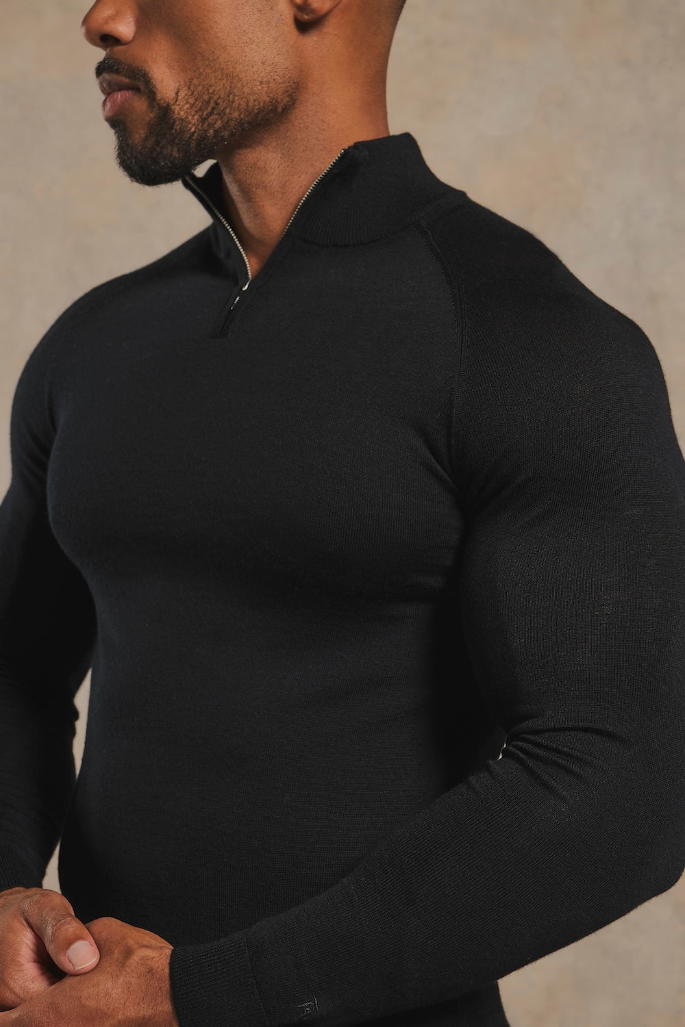 Extra Fine Merino Wool Half Zip Neck Sweater in Black