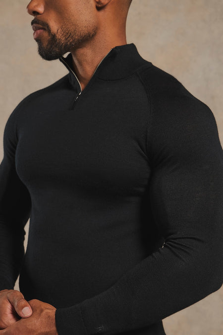 Extra Fine Merino Wool Half Zip Neck Sweater in Black