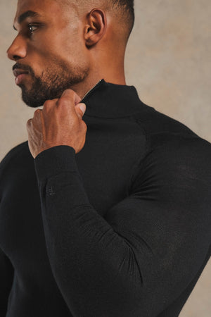 Extra Fine Merino Wool Half Zip Neck Sweater in Black