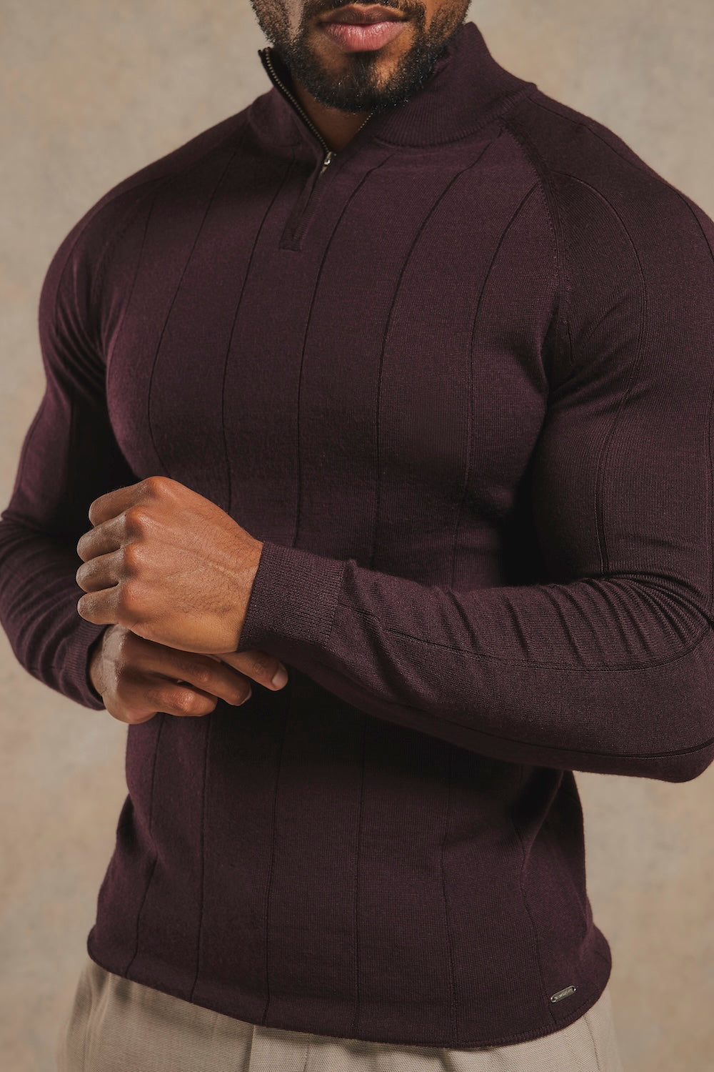 Extra Fine Merino Wool Ribbed Half Zip Neck Sweater in Dark Bordeaux