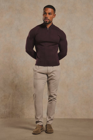 Extra Fine Merino Wool Ribbed Half Zip Neck Sweater in Dark Bordeaux