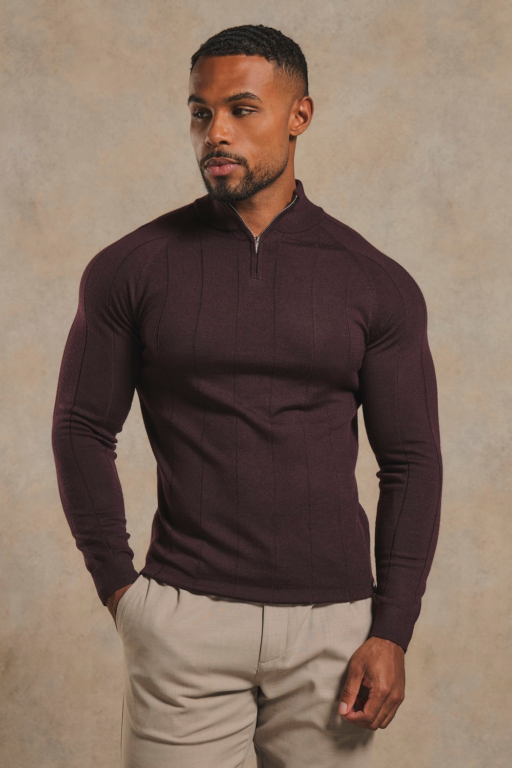Extra Fine Merino Wool Ribbed Half Zip Neck Sweater in Dark Bordeaux
