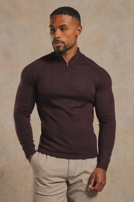 Extra Fine Merino Wool Ribbed Half Zip Neck Sweater in Dark Bordeaux
