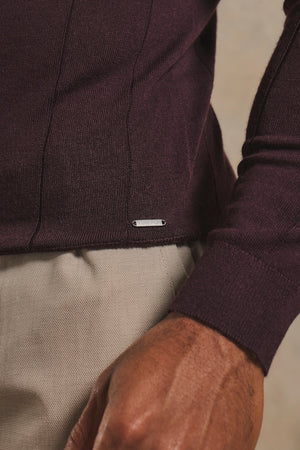 Extra Fine Merino Wool Ribbed Half Zip Neck Sweater in Dark Bordeaux