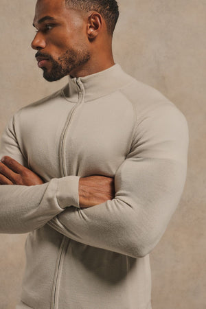 Extra Fine Merino Wool Knitted Zip Through in Ecru