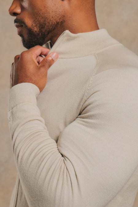 Extra Fine Merino Wool Knitted Zip Through in Alabaster
