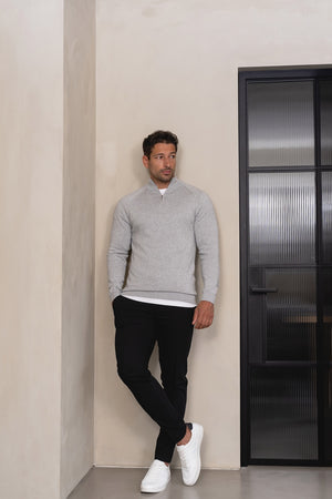 Pure Cotton Knitted Half Zip Neck Sweater in Silver Grey Marl - TAILORED ATHLETE - USA